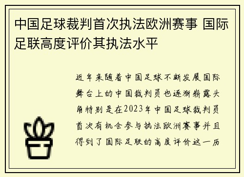 中国足球裁判首次执法欧洲赛事 国际足联高度评价其执法水平 中国足球裁判首次执法欧洲赛事 国际足联高度评价其执法水平
